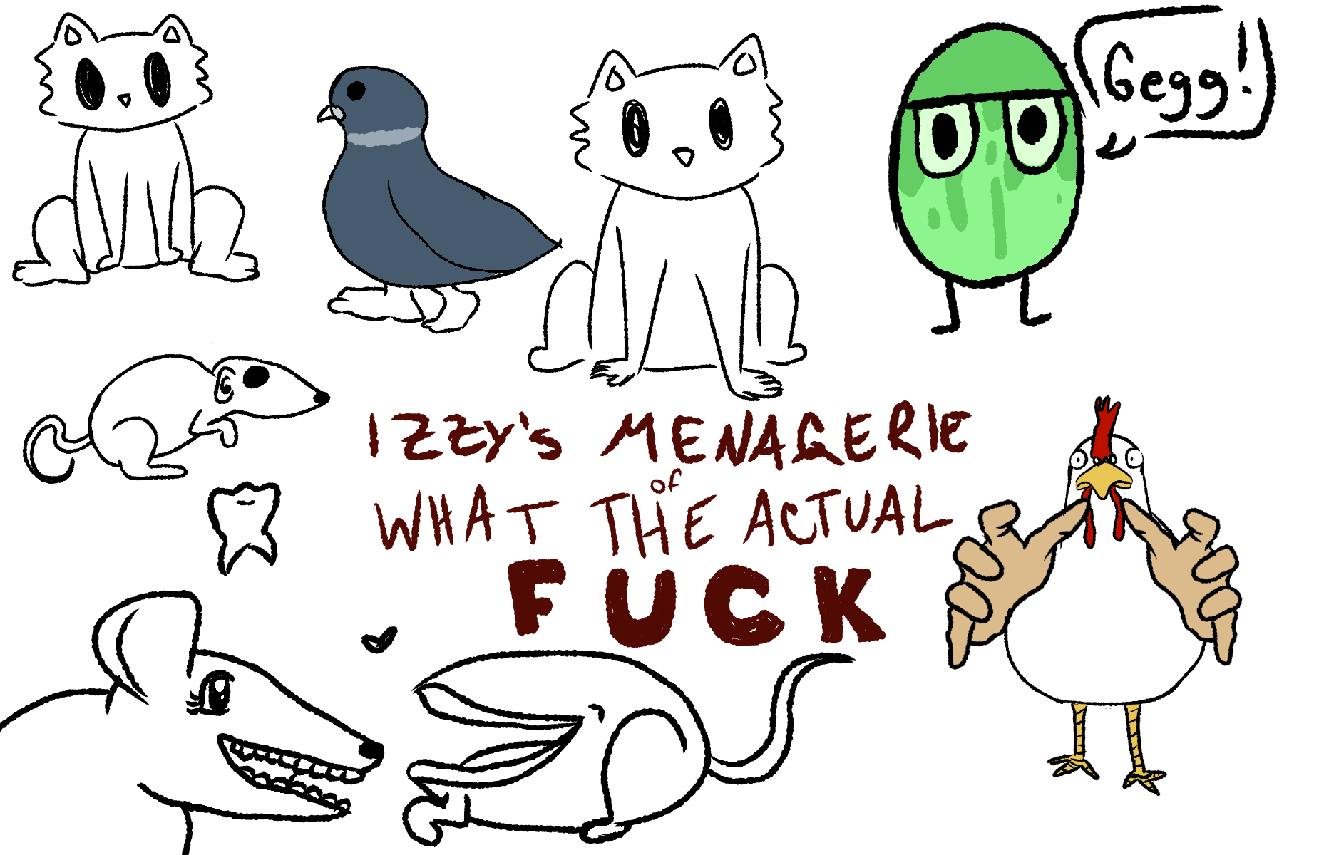 A digital drawing of a series of animals with human features. In the middle of the canvas, it says 'Izzy's Menagerie of What The Actual FUCK' in red handwriting.
