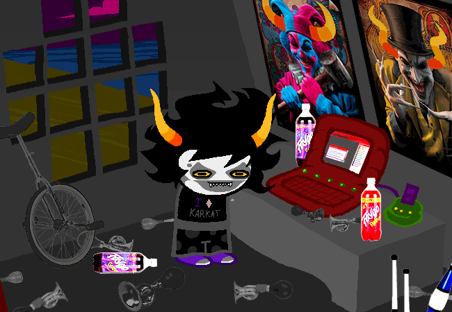 An edit of a panel from the Homestuck webcomic. The panel is the inside of Gamzee Makara's room. On the floor are various bulb horns, bottles of Faygo, and juggling clubs. On his wall are two posters of colourful clowns. In the middle of the room stands Gamzee. He is a grey-skinned troll with tall, wavy, yellow and orange horns. His face is painted with white paint to look like a clown's face. He is wearing a black shirt that says 'I Diamond Karkat', a reference to the comic's relationship quadrants. He is also wearing black pants with large grey spots and purple shoes.