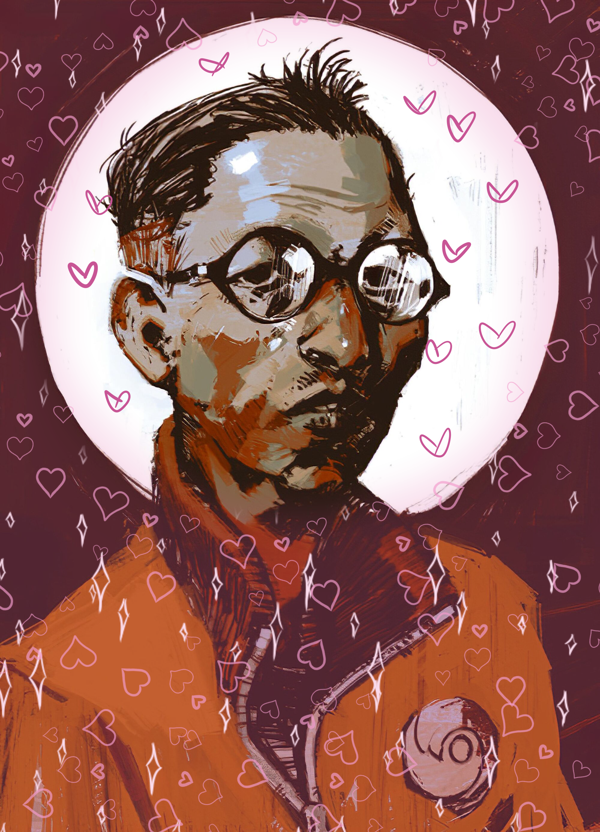 An edited picture of Kim Kitsuragi from Disco Elysium. He is an Asian man with a serious look on his face and a white circle behind his head. The image is overlaid with hearts and sparkles in varying shades of pink. There is a transparent pink overlay on the picture.