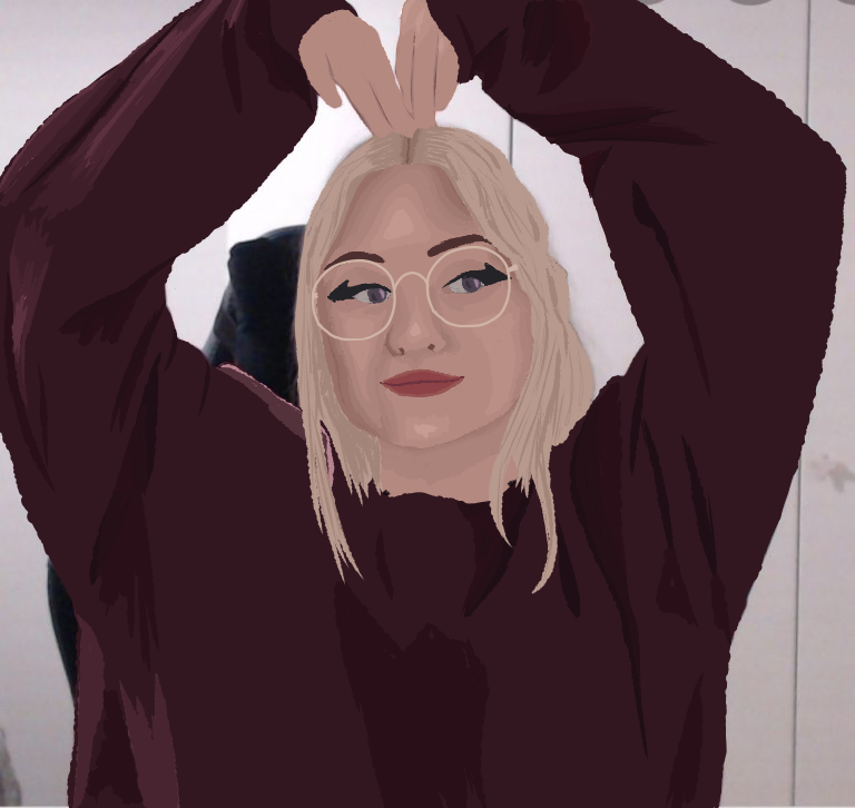 A digital painting of Niki Nihachu with her arms up in the shape of a heart. She is wearing a maroon sweater that covers part of her hands and gold-rimmed glasses. Her hair is blonde.