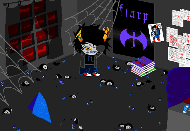 An edit of a panel from the Homestuck webcomic. The panel is the inside of Vriska Serket's room. On the floor are many broken 8 balls, blue dice, and roleplaying game paraphernalia. In the middle of the room is Vriska, who is a grey-skinned troll with orange and yellow horns. She is wearing a black shirt with a Scorpio symbol on it, a grey overshirt, blue jeans, red sneakers, and glasses with the right lens blacked out. Her hair is short and messy, her cerulean lipstick is smeared, and she is crying blue tears. Around her horns are three ribbons, one teal, one brown, and one rust coloured.